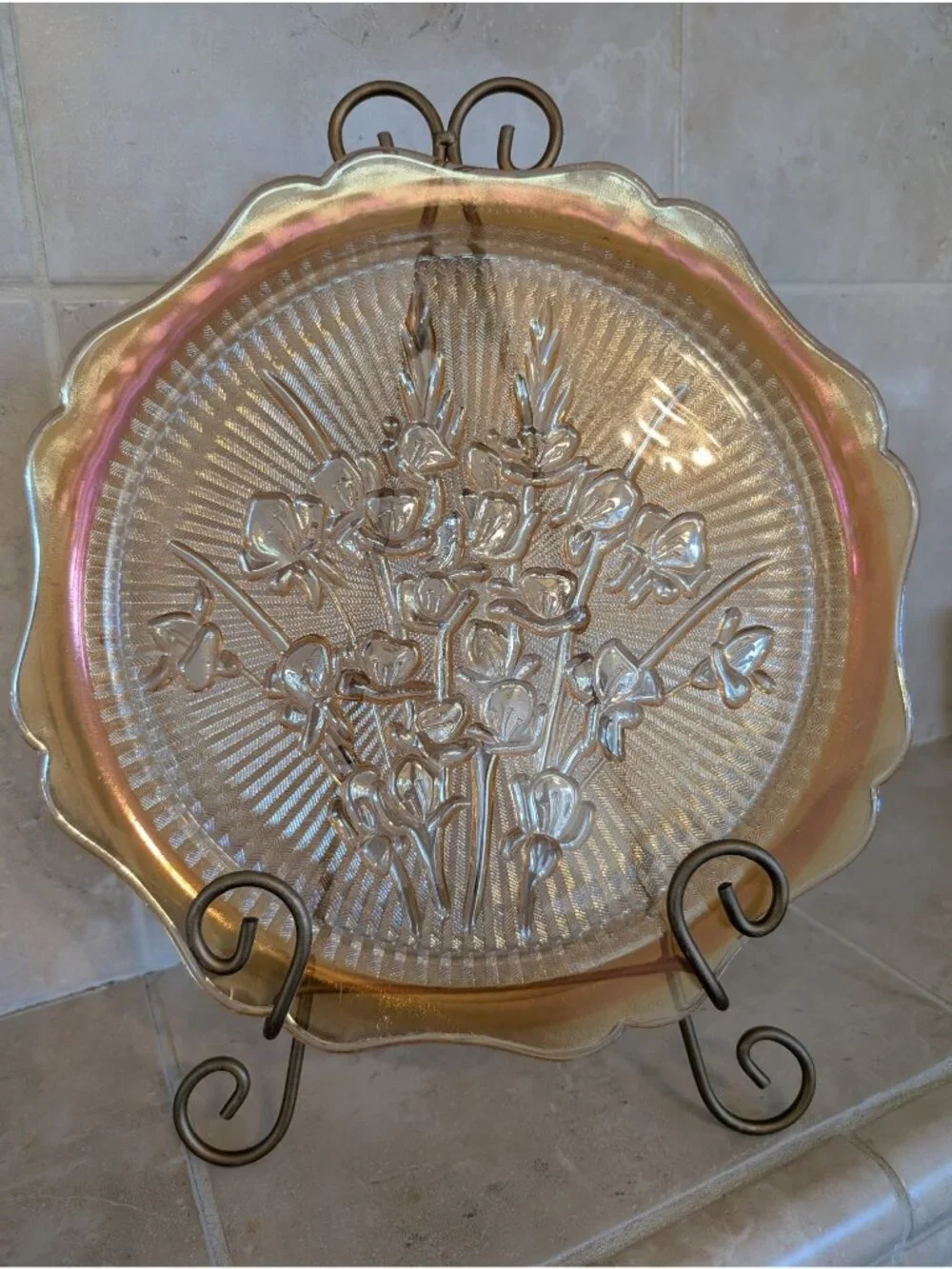 Vintage Jeannette Glass Co Iris& Herringbone Serving Platter Iridescent Marigold